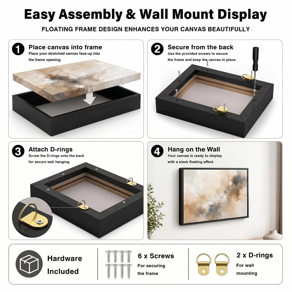 Canvas Floater Frame for Finished Canvas Art, 1.25" Deep Floating Shadow Gap Design, Floating Frame for Canvas Art