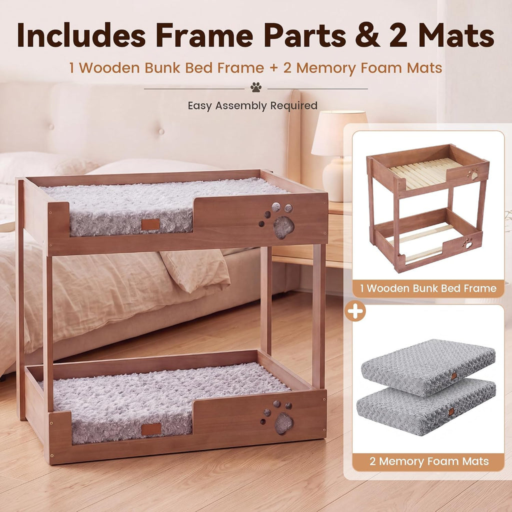 Wooden Bunk Dog Bed with 2 Memory Foam Beds