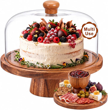 Acacia Wood Cake Stand with Lid, 12in Shockproof Acrylic Dome Display Stand