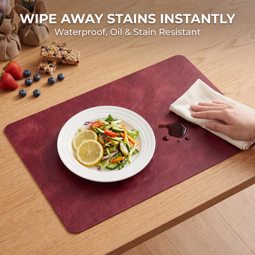 Fall Placemats Set of 6, Heat Resistant Faux Leather, Wine Red