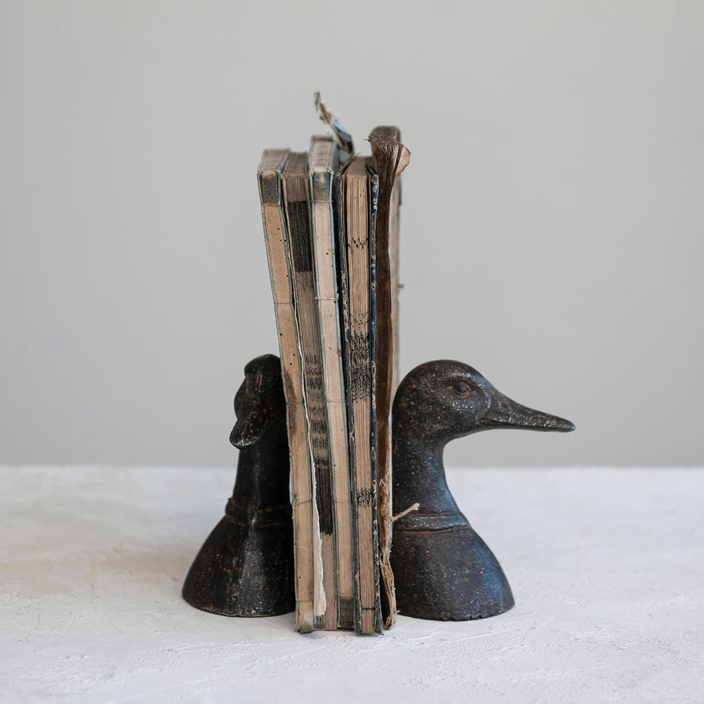 Decorative Distressed Cast Metal Duck Head Bookends, Black, Set of 2