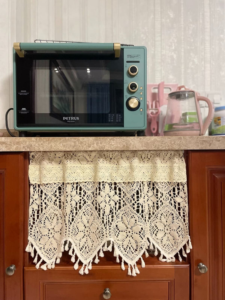 Short Curtain for Small Window Sheer Transparent Beige Cotton Hollow Crochet Lace Chic Bohemian Valance Panel Drapes