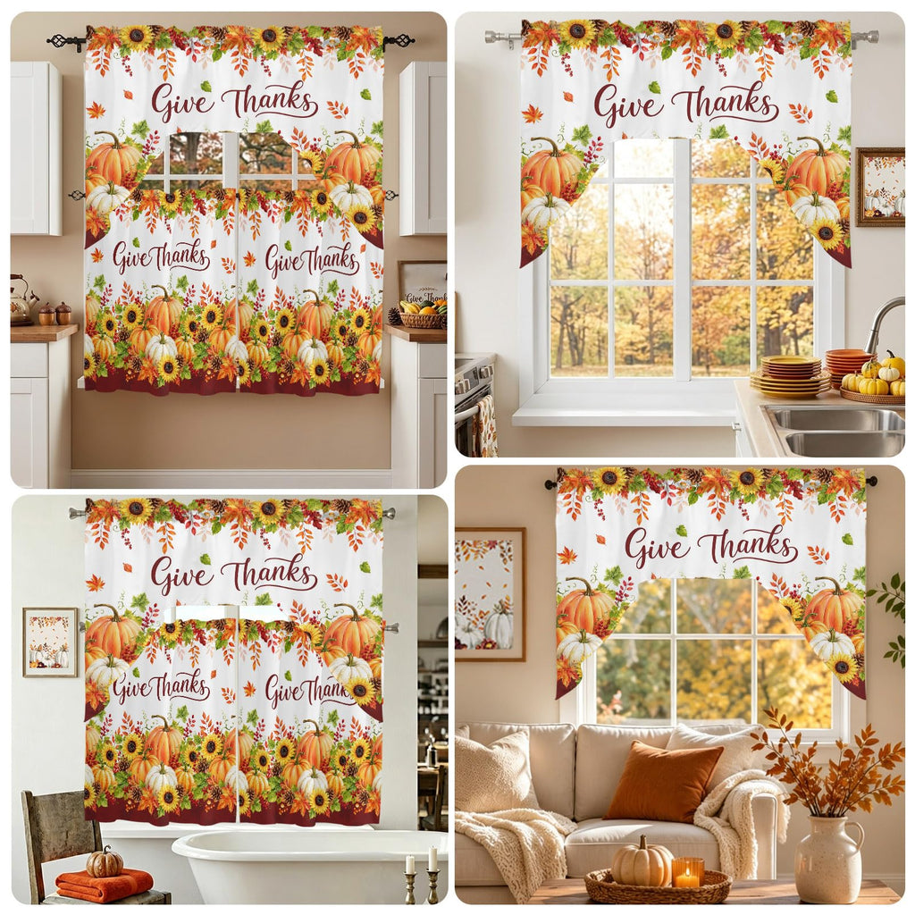 Thanksgiving Fall Kitchen Curtain and Valance Set 3 Pieces, Boho Farmhouse Orange Pumpkin Rod Pocket Short Tier