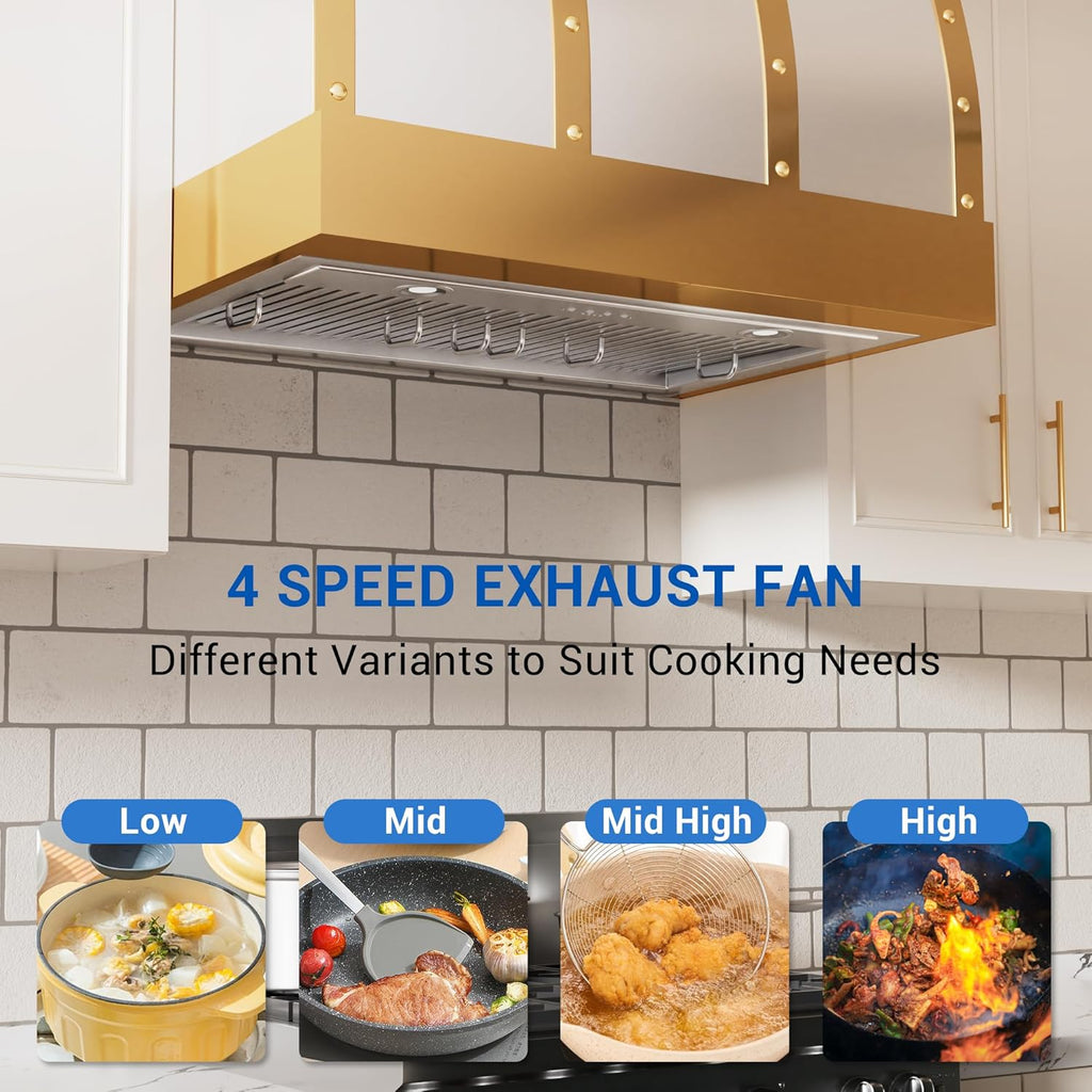 36 Inch Stainless Steel Range Hood Insert 610 CFM 4 Speed LED Lights Dishwasher-Safe Baffle Filters