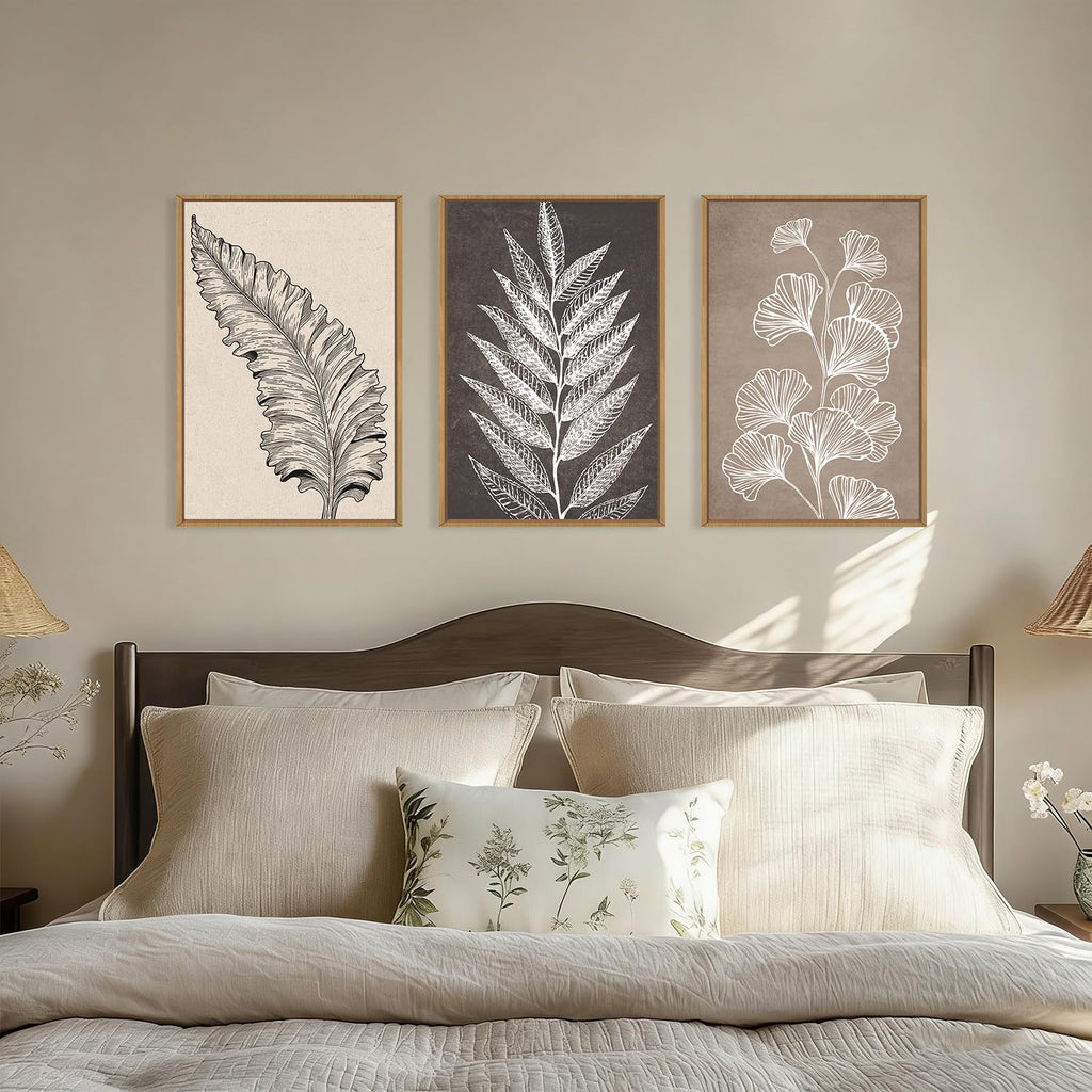 Large Boho Fern Leaf Botanical Framed Canvas Wall Art Set, Vintage Abstract Brown Beige Leaves Flower Wall Decor
