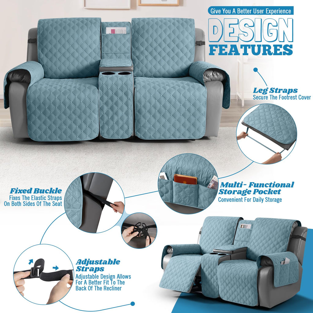 100% Waterproof Loveseat Recliner Covers with Console, Sky Blue
