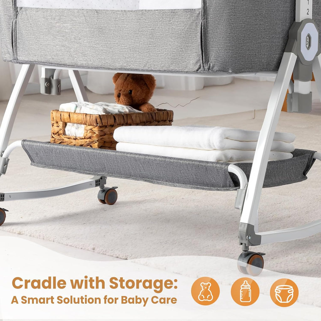 3 in 1 Baby Bassinet, Bedside Bassinet for Baby, with Comfy Mattress and Wheels, 6 Height Adjustable Easy Folding