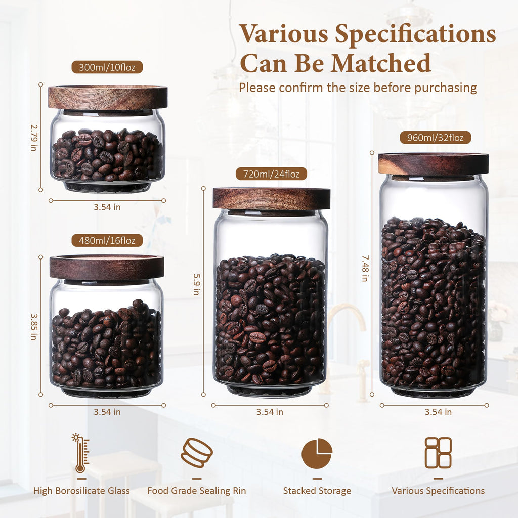 32Oz Clear Cute Glass Storage Canister Holder with Stackable Airtight Wood Lid, Modern Decorative Container Jar