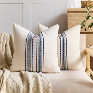 Striped Linen Decorative Throw Pillow Covers 18x18 Navy Blue