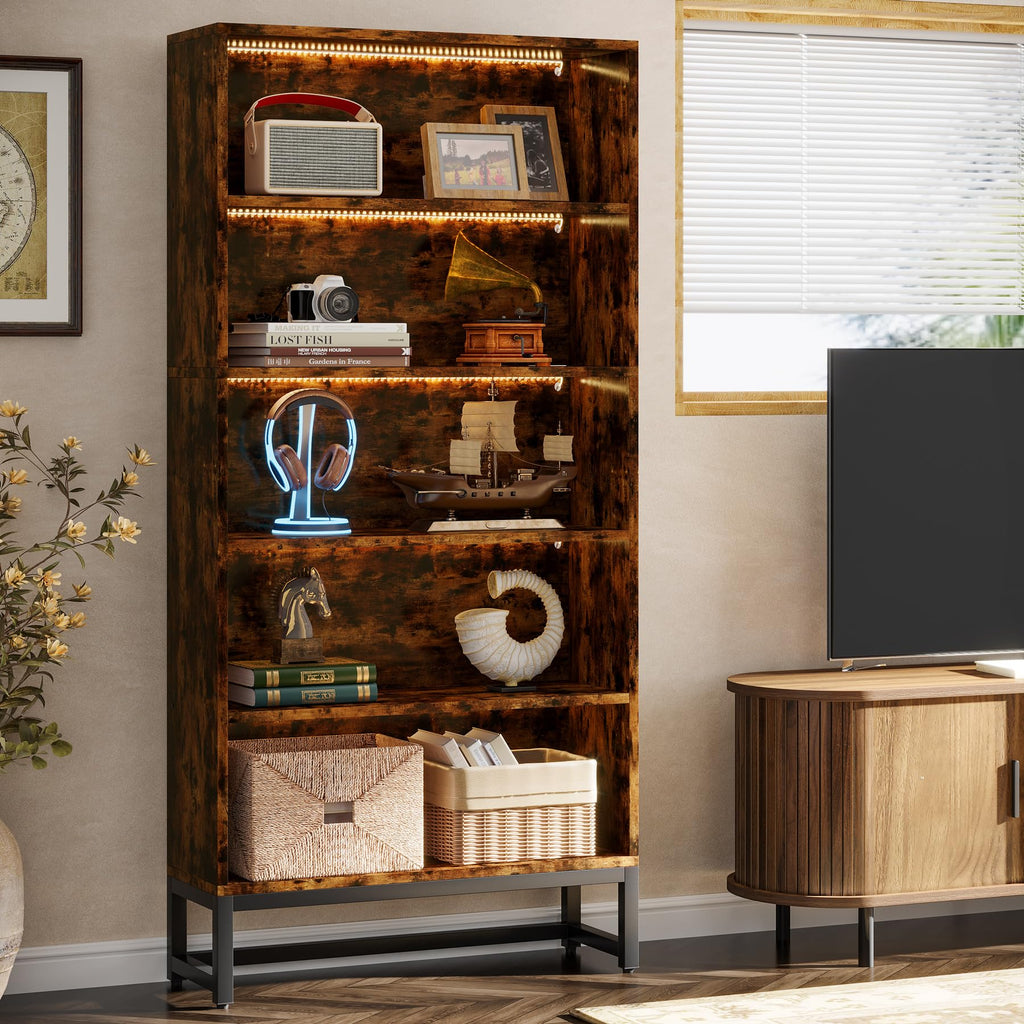 Tall Bookcase and Bookshelf, 70.8" Large Bookcases Organizer with LED Lights, Heavy Duty Free-Standing Library