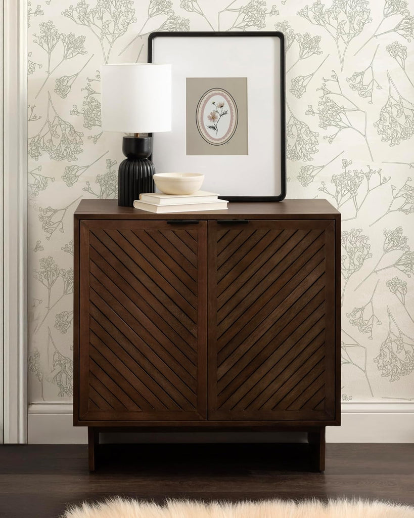Mezzeta Modern Two-Door Chevron Slatted Wood Floor Storage Cabinet, 30 x 15 x 30, Natural Wood, Transitional Living