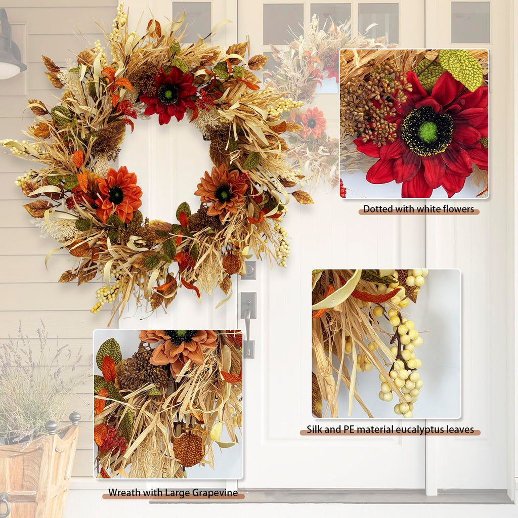24 Inch Fall Wreaths for Front Door with Sunflowers and Raffia