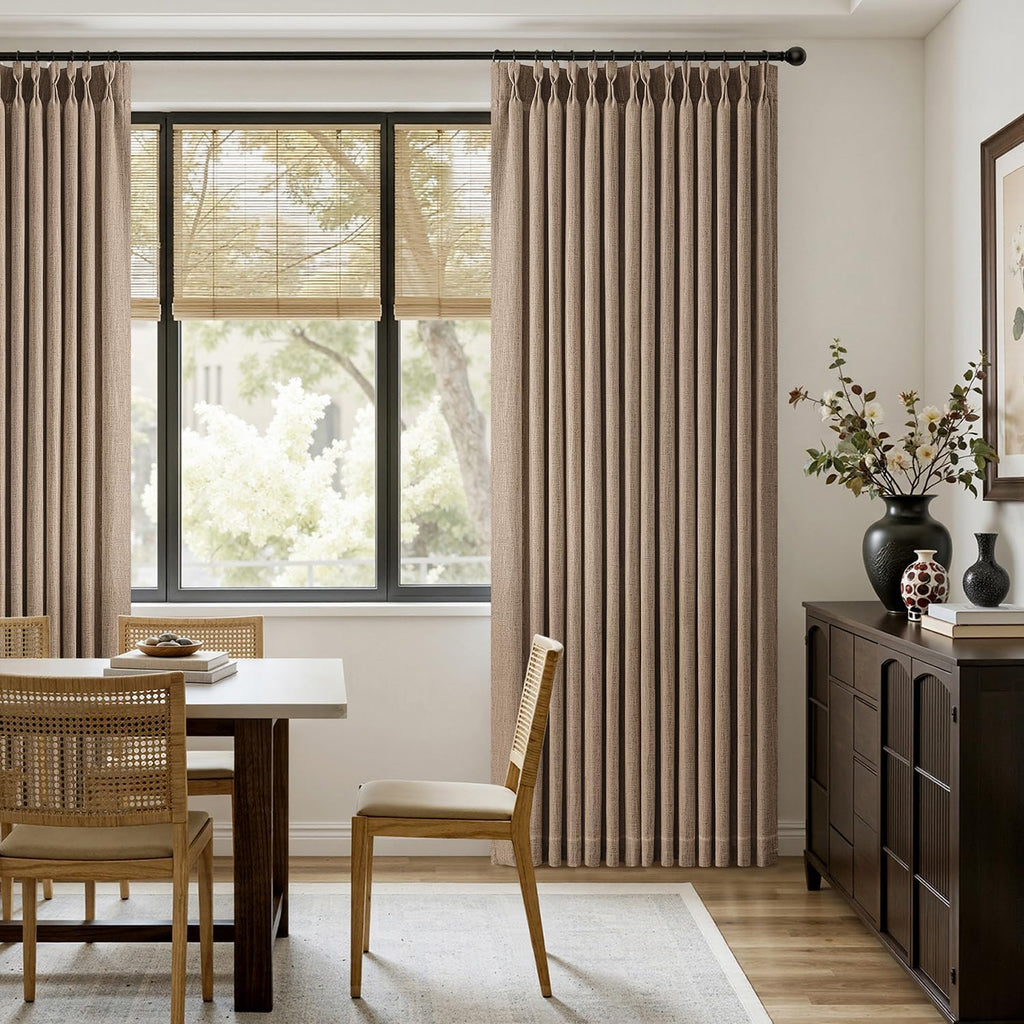 Pinch Pleated Thick Linen Curtains 90 Inches 2 Panels Brown Drapes