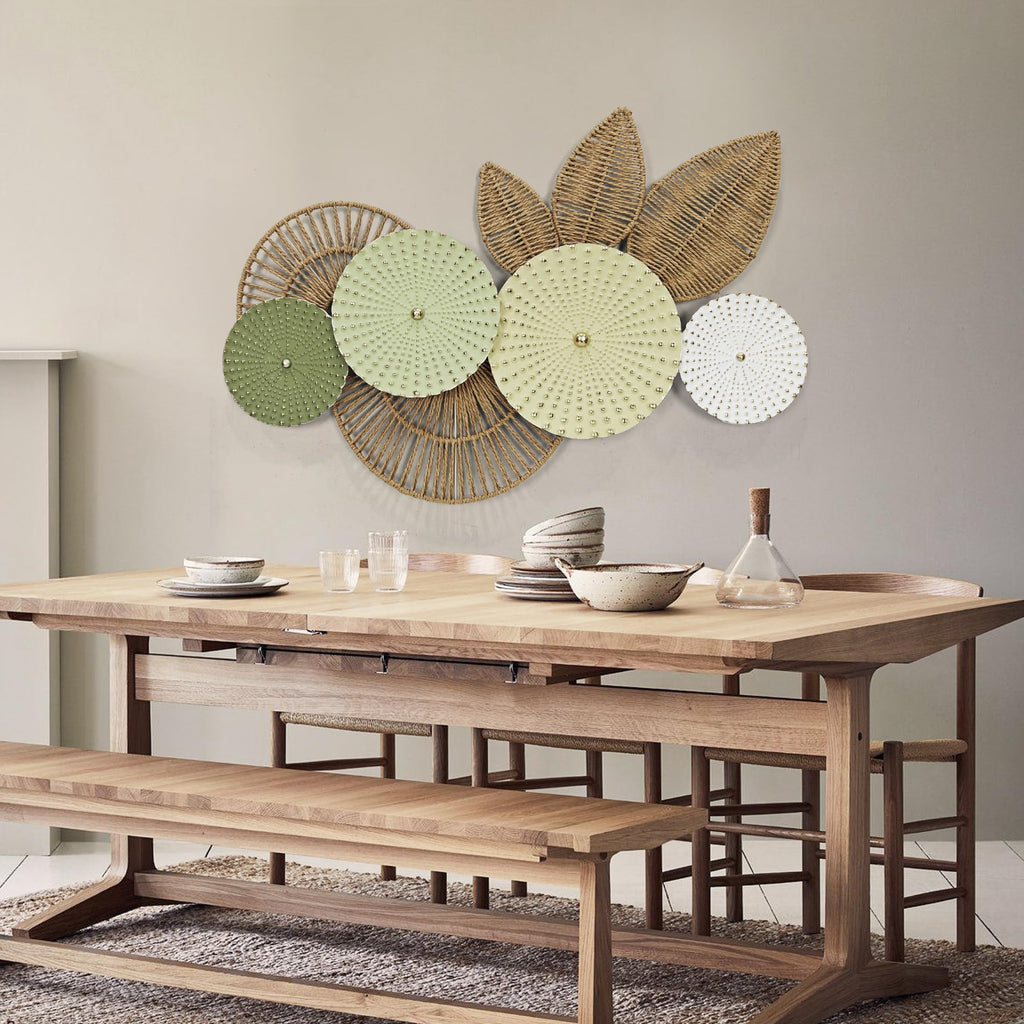 Boho Woven Wall Decor- Rattan Leaf & Circular 3D Wall Art Decor, 35"x 26" Large Hanging Decoration in Sage & Beige