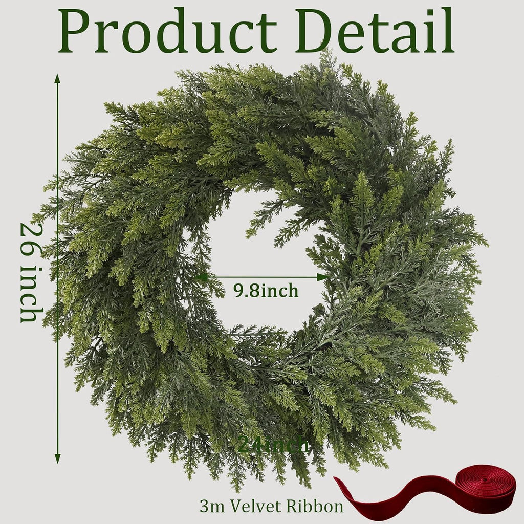 26" Christmas Cedar Wreaths for Front Door, Real Touch Handmade Full Artificial Cedar Wreath Set, Faux Greenery