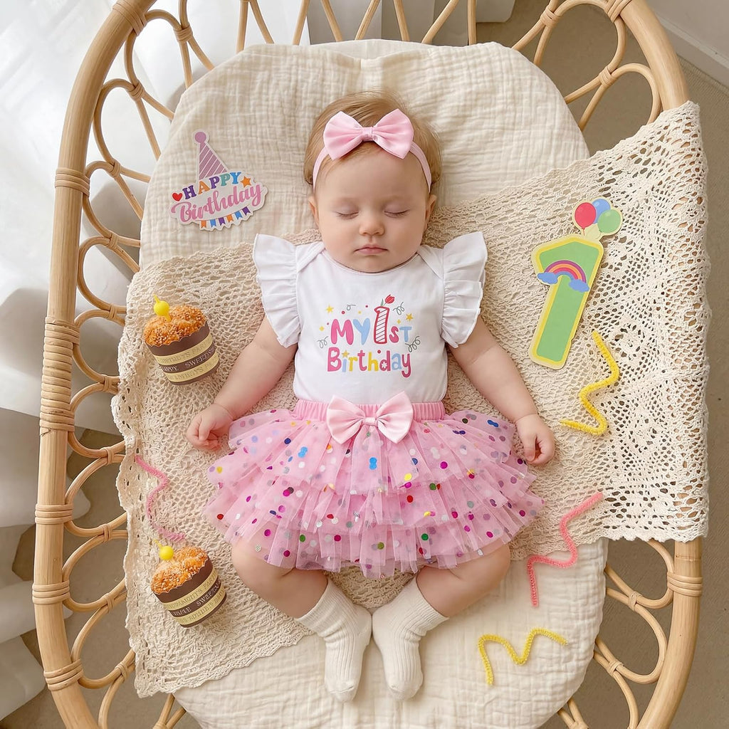 First Birthday Outfit Girl Clothes Short Sleeve Romper Tops Tutu Skirts Baby Bows Summer Clothes One Year Old