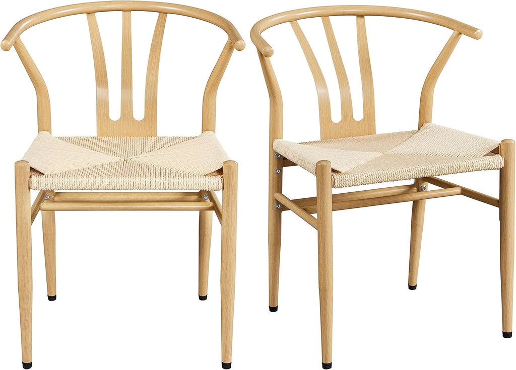 Weave Dining Chair Rattan Chair Metal Armchairs Hemp Seat for Kitchen, Dining, Living Room Set of 2, Wood Color