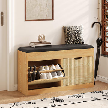 Shoe Storage Bench, 2-Tier Entryway Bench with 2 Flip, 39inches Storage Benches with Padded Cushion Hidden Shoe