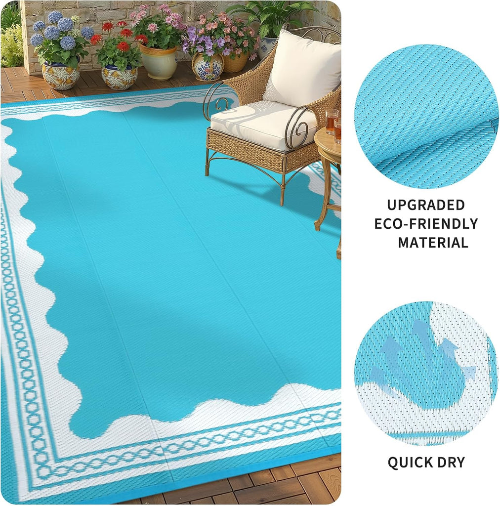 Outdoor Rug 8x10 Scalloped Waterproof Patio RV Outdoor Rugs Reversible Foldable Plastic Straw Rug Modern Camping