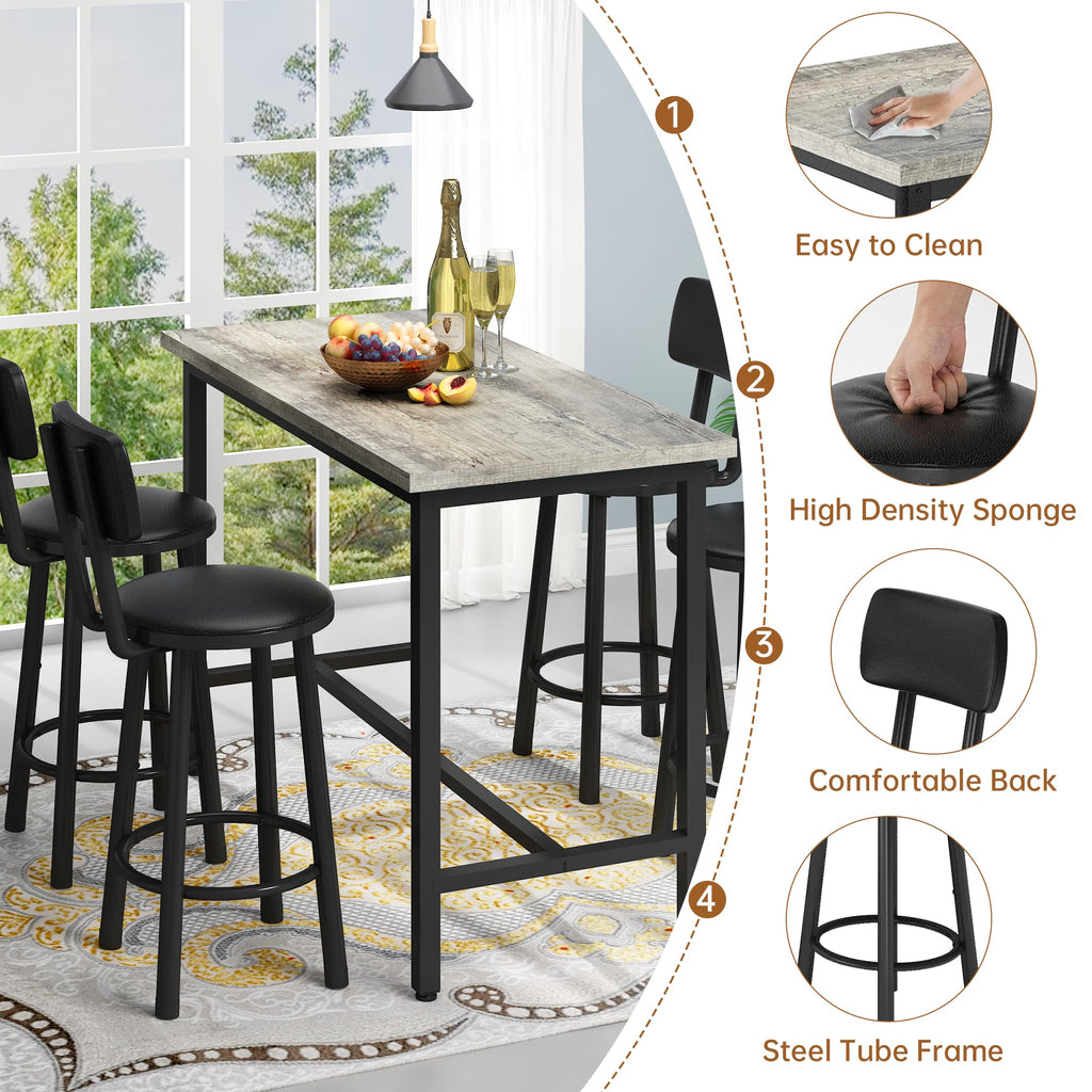 5 Piece Bar Table and Chairs Set for 4, Counter Height Rectangular Pub Dining Set, Wood Top Bistro Set with 4