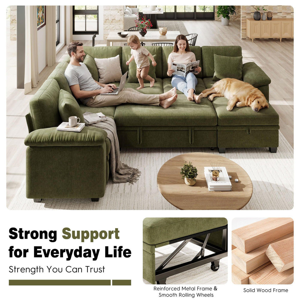 108" Modular Sectional Sofa with Pull Out Bed, 7-Seater L Shaped Sectional Sleeper Couch with Storage, Chenille