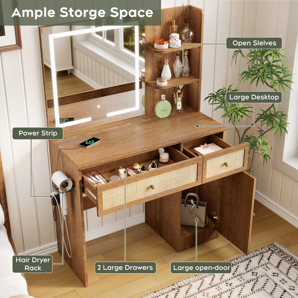 35" Boho Makeup Vanity Desk with LED Lighted Mirror & Power Strip