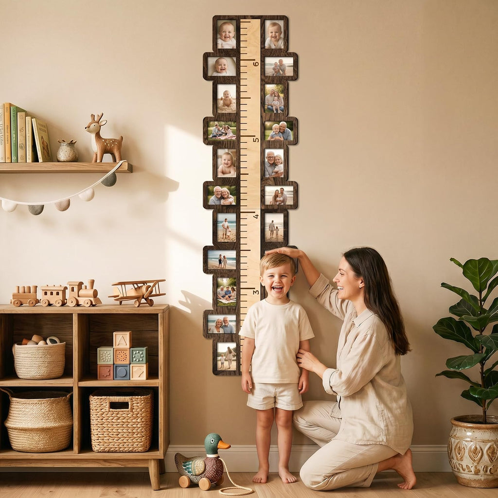 Wooden Growth Chart for Kids with 22 3.5"x5" Photo Frames, 58x15 Inch Height Chart for Wall, Inch Measurement Ruler