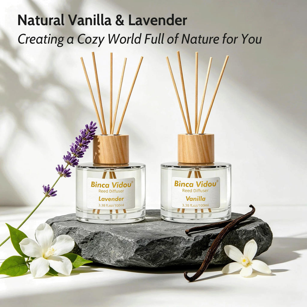Reed Diffuser Set, Lavender & Vanilla Natural Scent Oil Diffusers with Sticks Bathroom Aromatherapy Decor 3.4oz x 2