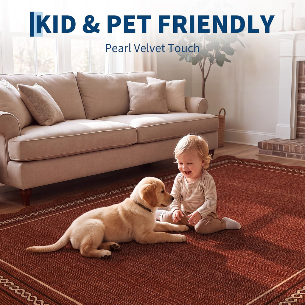 Scalloped Washable Runner Rug Non Slip Kitchen Rugs, Red