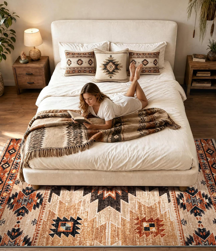 Washable Western Aztec Area Rug, Terracotta