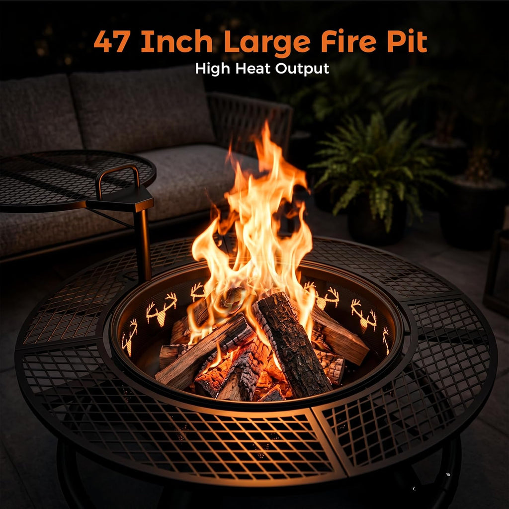 Fire Pit with Poker, Outdoor Fire Pit Extra Large, Wood Burning Firepits for Outside with Grill, 47 inch