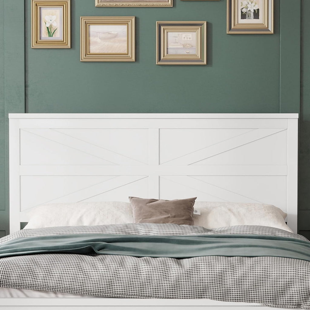 Farmhouse Queen Platform Bed Frame with Headboard and Footboard, Pinewood Bed Platform with Slat Support, No Box
