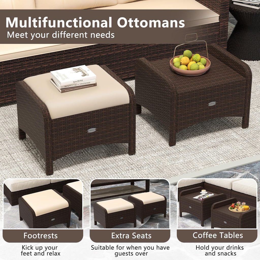 Wicker Outdoor Ottomans - Set of 2 Rattan Footstools w/Removable Cushions, Multipurpose Outside Foot Rest, Side Table