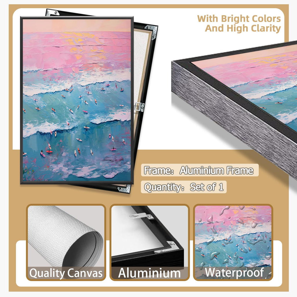 Trendy Summer Wall Art Blue Beach Poster Pink Sky Canvas Preppy Ocean Surf Print Beachy Painting Coastal Picture