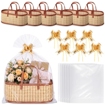 6 Sets Empty Gift Baskets to Fill Large Bamboo Woven Baskets with Handles 15.8 x 7.9 x 6.3 inch Includes Clear Wrap