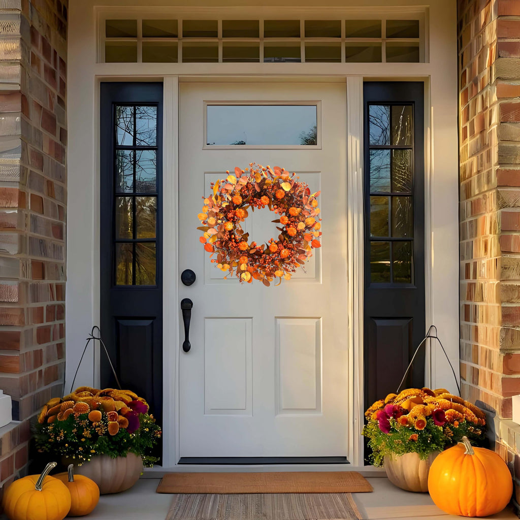 Fall Wreath 22 Inch Fall Wreaths for Front Door Autumn Pumpkin Wreaths with Orange Eucalyptus Leaves and Berries for