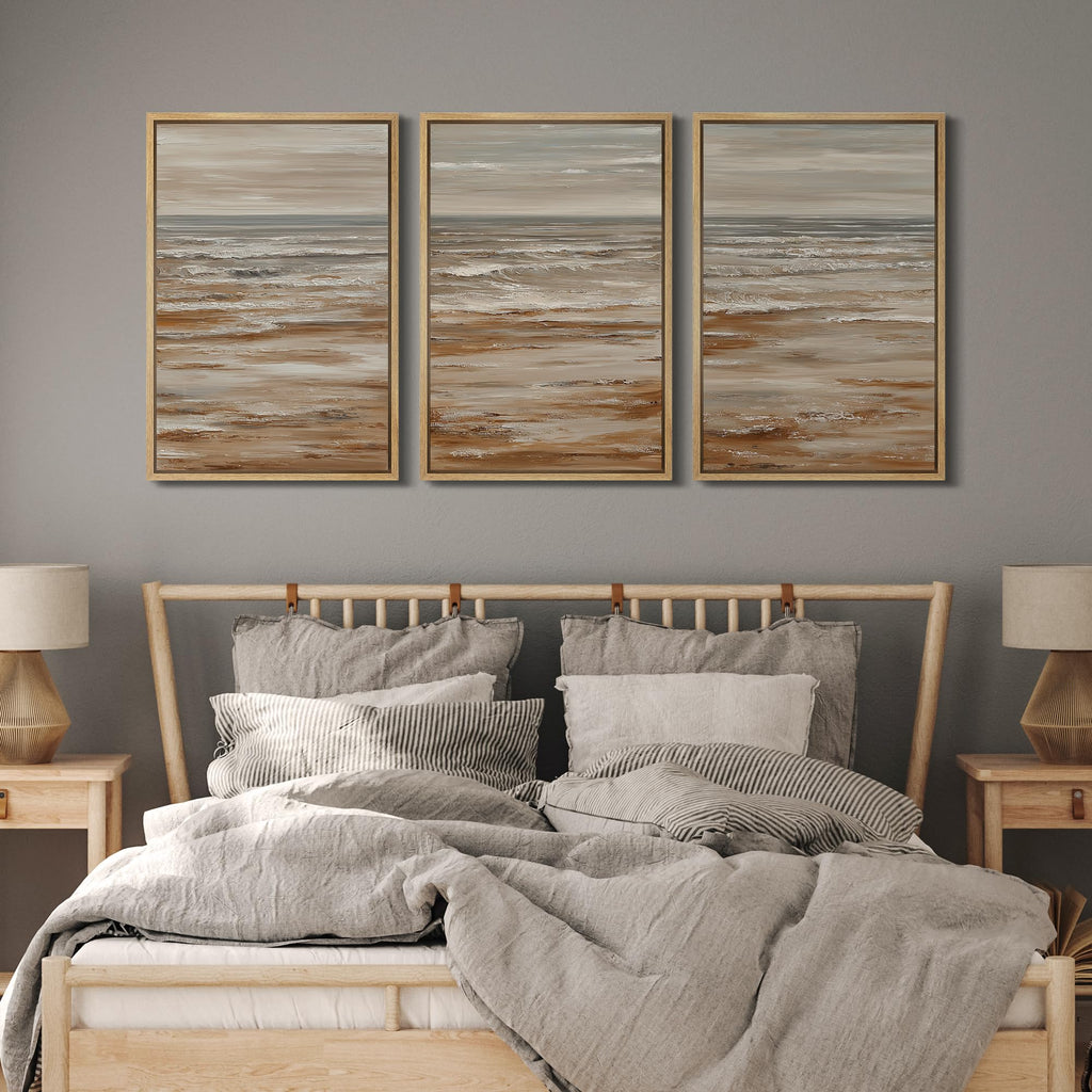 Framed Wall Art Print Set Neutral Coastal Seascape Minimalist Ocean Waves and Sandy Shore Illustrations Modern Art