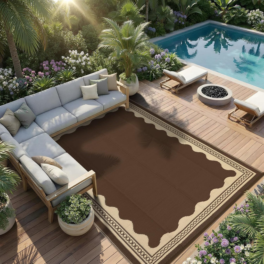 Outdoor Rug Scalloped Waterproof Patio RV Outdoor Rugs Reversible Foldable Plastic Straw Rug Modern Camping