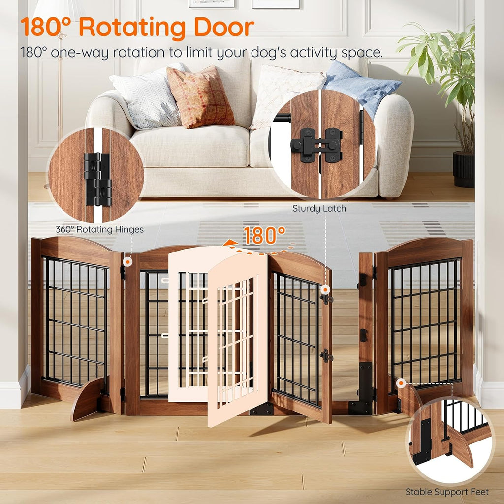 4 Panels Dog Gate Indoor with Door, 24.8'' Tall Freestanding Pet Gate with 2 Support Feet, Foldable Dog Fence