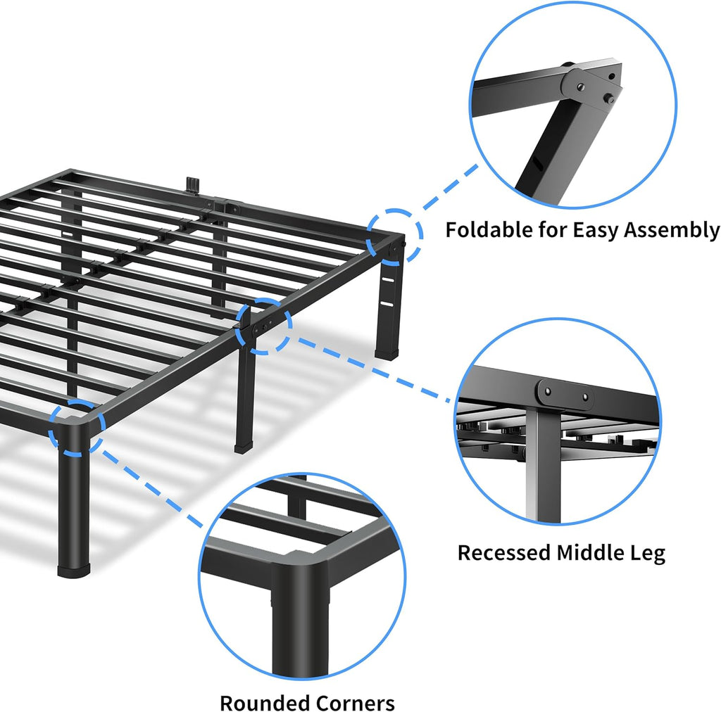 18 Inch Full Bed Frame, 3500Lbs Heavy Duty Metal Platform with Round Corner Legs Mattress Slide Stopper