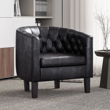 Black Accent Chairs, Elegant Arm Chair Upholstered Tufted Barrel Chair Club Chair with Sturdy Legs and Faux Leather