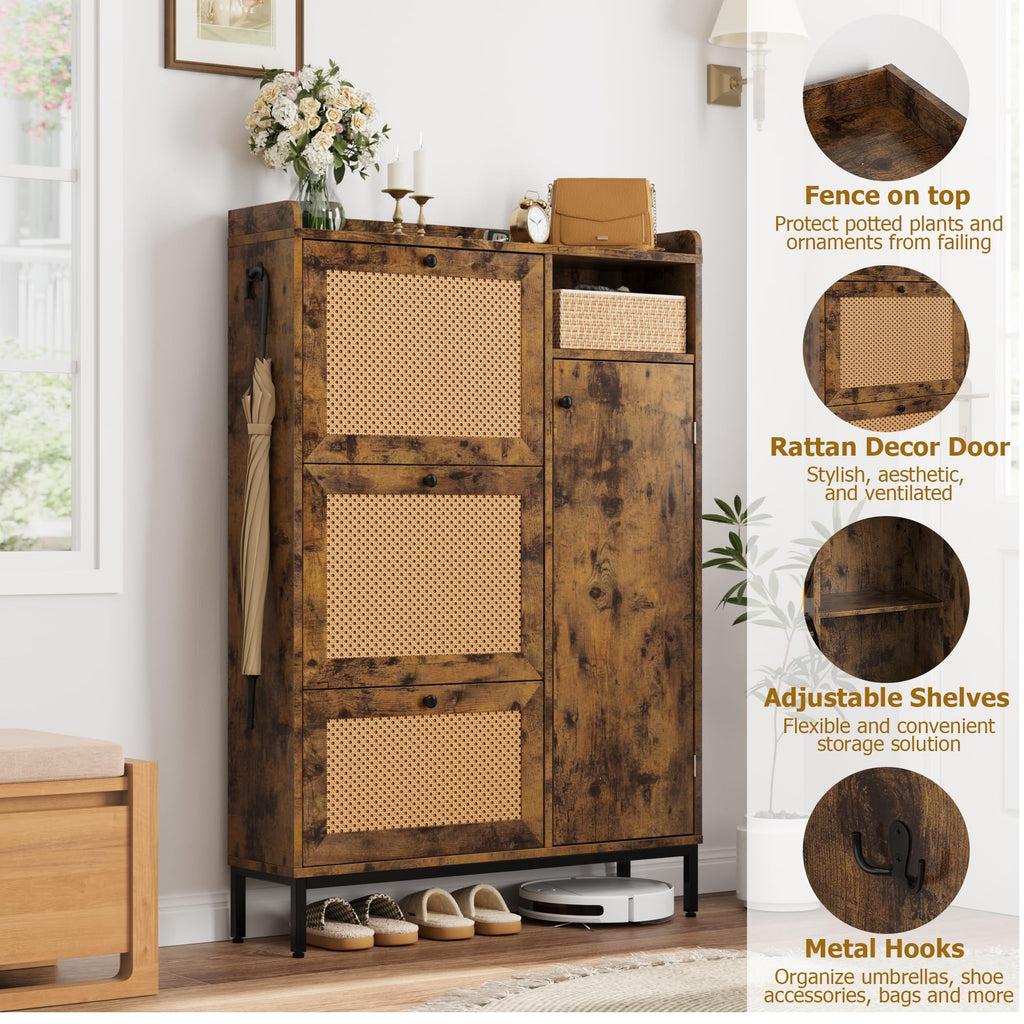 Shoe Cabinet Rattan with 3 Flip Drawers