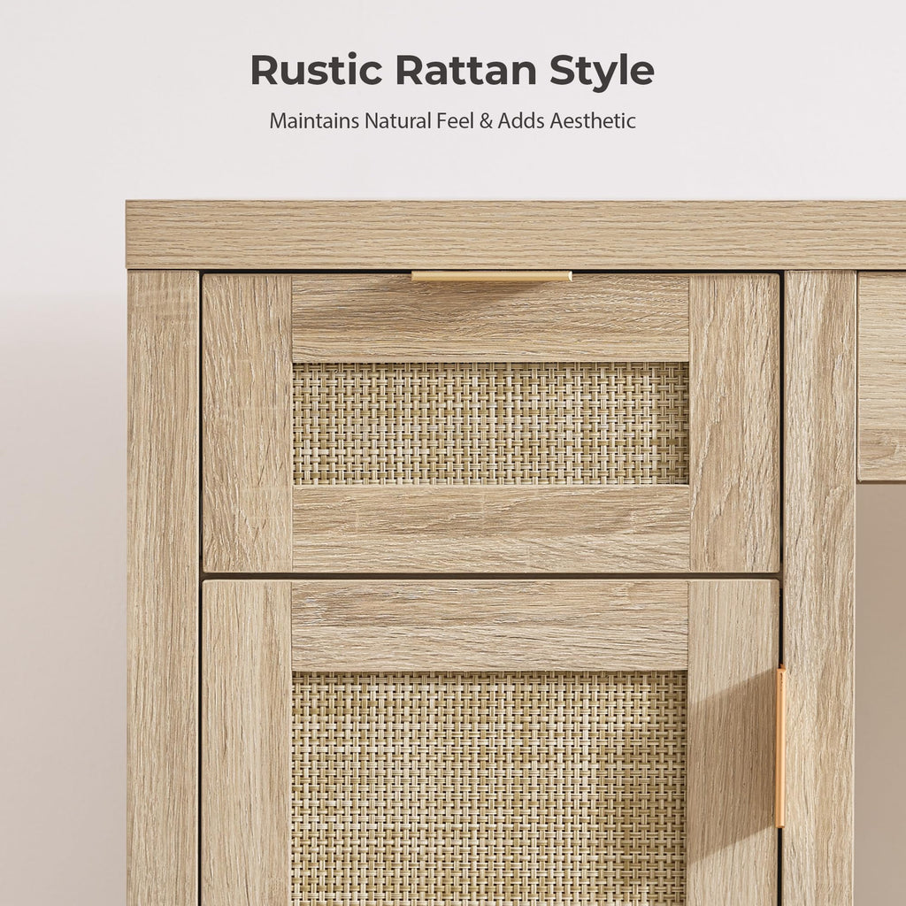 52" Rattan Vanity Desk with 3 Drawers & 2 Cabinets, Vanity Table