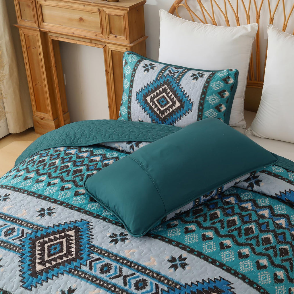 Boho Quilt Set, 3 Pcs Teal Aztec Lightweight Bedspread