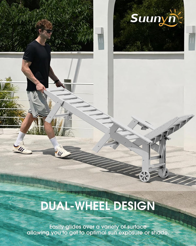 Chaise Lounge Outdoor Set of 2, Lounge Chair Outdoor with Wood Texture, Adjustable 5-Position Backrest, HDPE Lounge