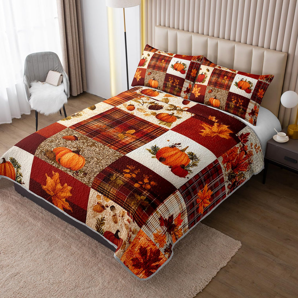 Pumpkin Maple Leaves Plaid Patchwork Quilt with 2 Pillowcases.