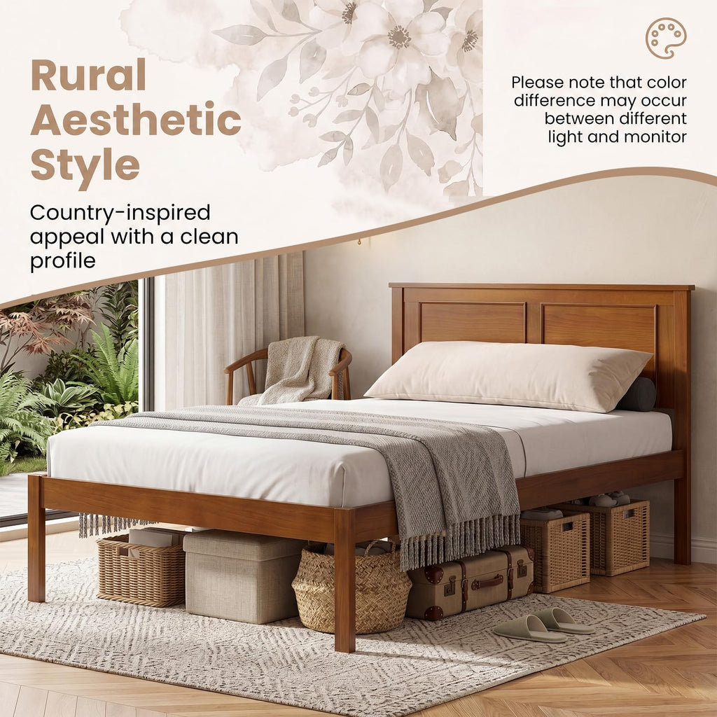Twin Size Bed Frame, Farmhouse Wooden Platform Bed with Headboard