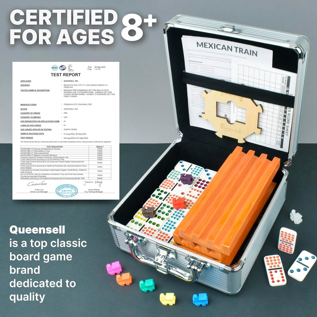 Mexican Train Dominoes Set Double 15 with 8 Holders - Wooden Hub and Tiles Holders - Double 15 with Dots (D15 + 8