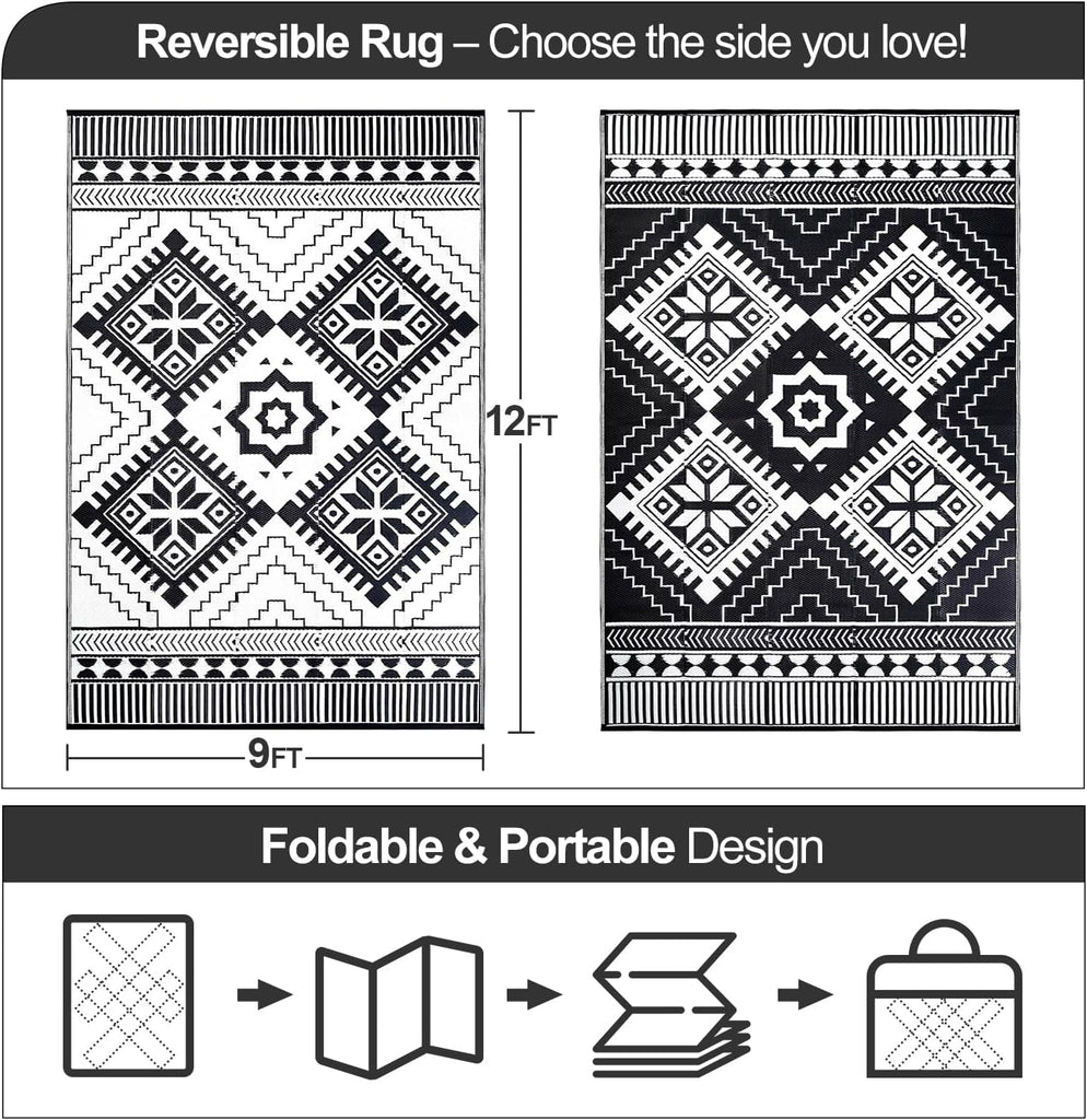 Waterproof Outdoor Rug, Boho Reversible Plastic Straw Mat RV Deck Porch Backyard Balcony Camping Picnic Beach