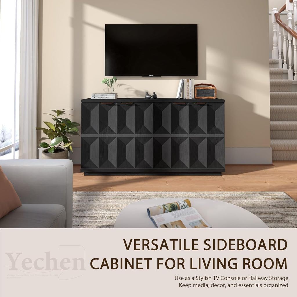 59" Black Sideboard Buffet Cabinet with Storage, Modern Credenza | 3D Geometric Pattern Doors, Adjustable Shelves